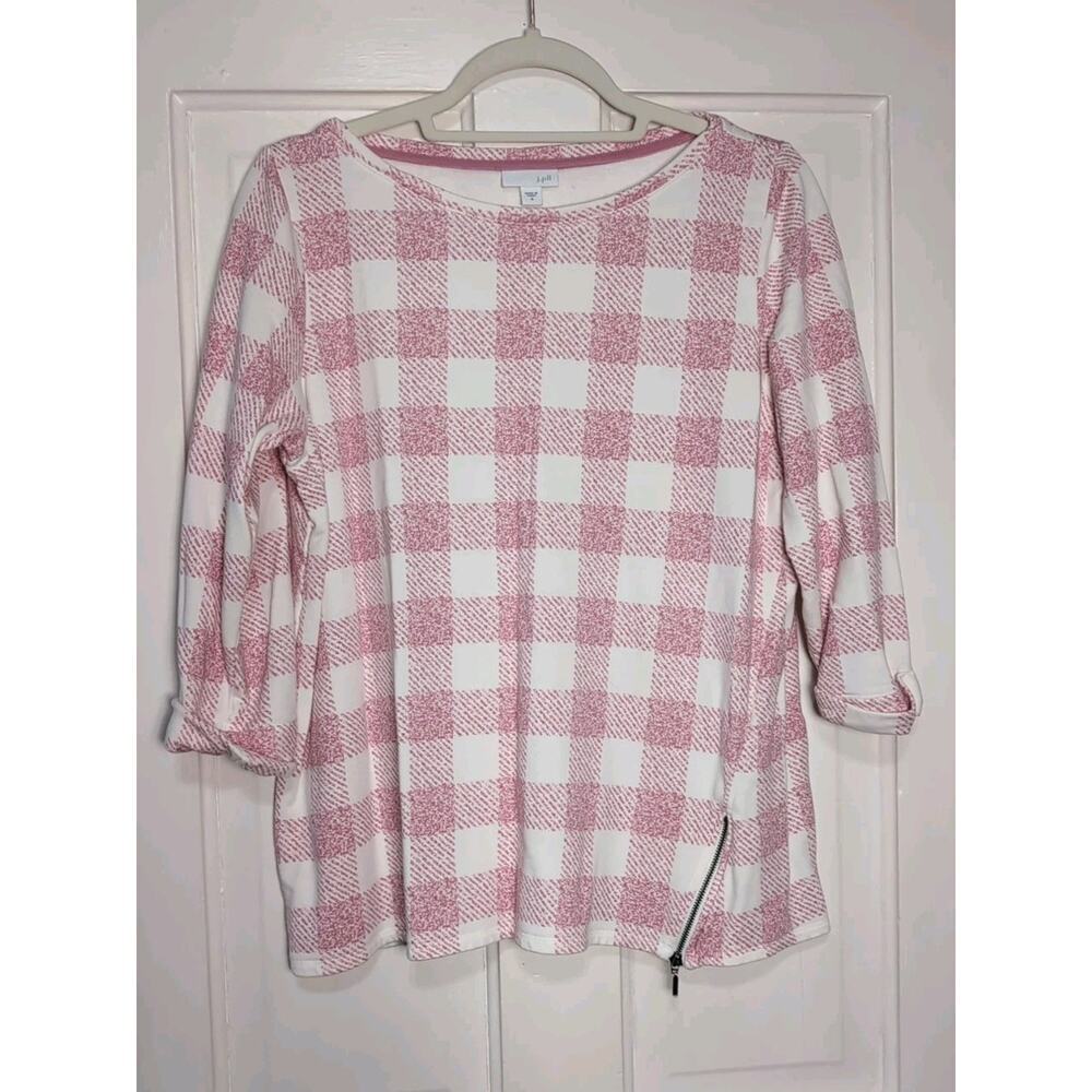 J Jill Pink White Plaid Pullover Sweater Zipper Detail 3/4 Sleeve Women's M(1189